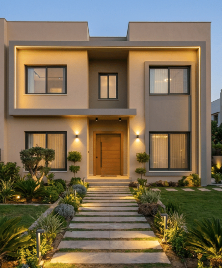 The same villa after renovation: recladded and cove lit, with a landscaped approach