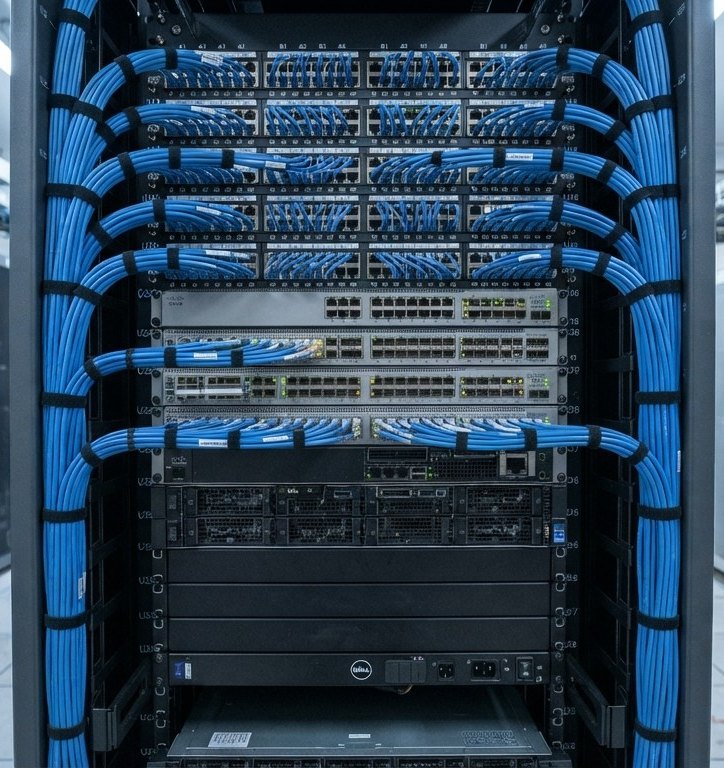 A comms rack with patch panels, switches and blue patch leads dressed down both sides