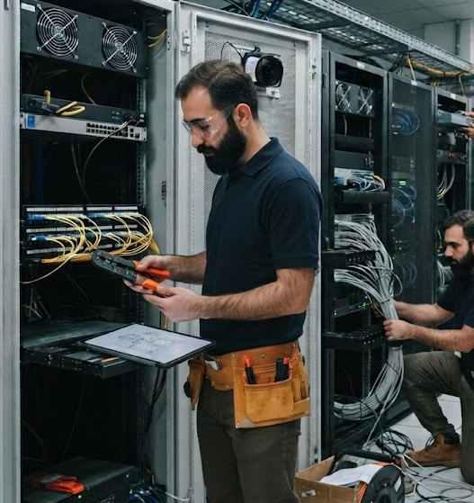 Engineers working at an open comms rack, one testing a patch panel and one dressing a cable bundle