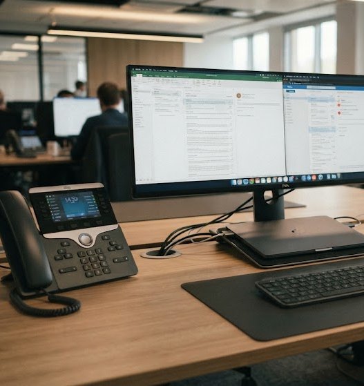 A fitted out office desk with an IP handset, dual monitors and a docked laptop