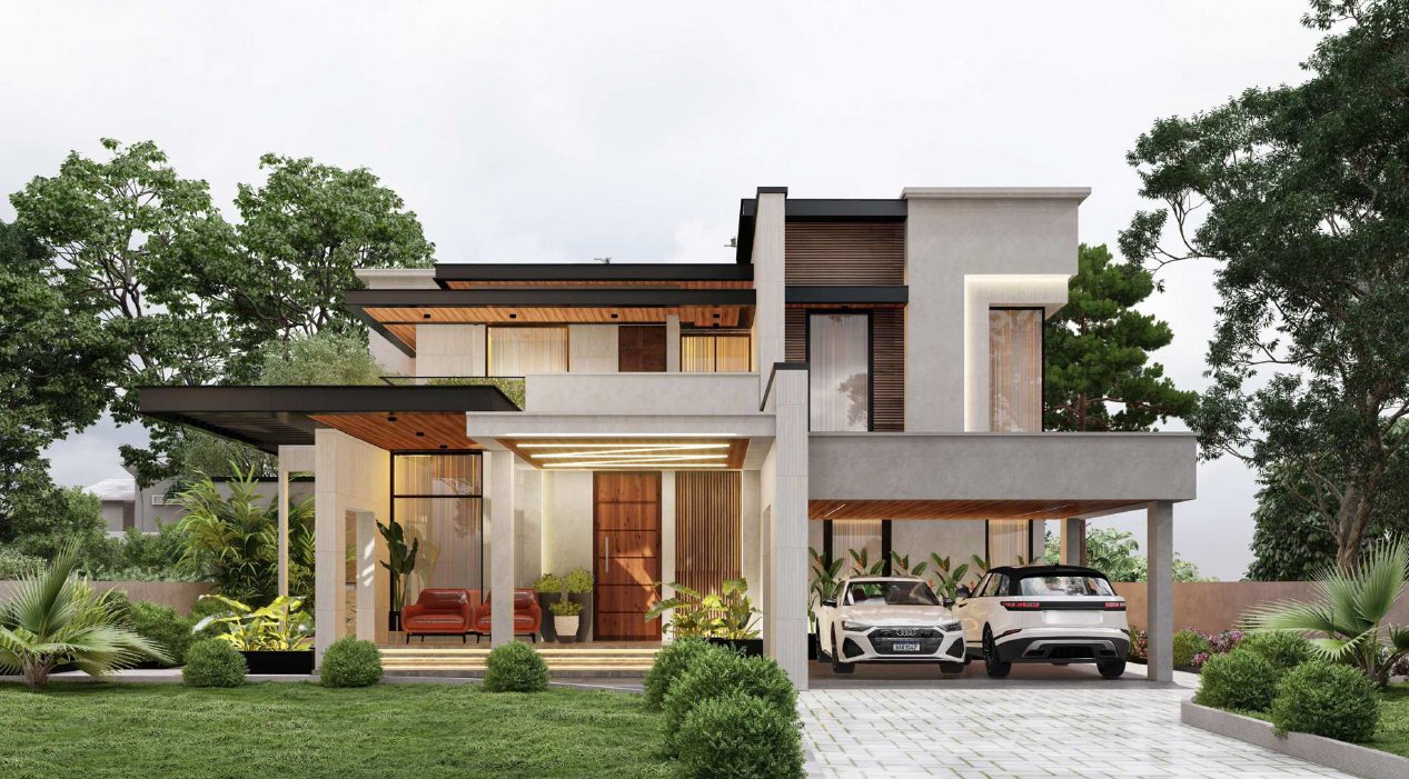 Contemporary two storey villa with timber slat screens, a cantilevered carport and a lit entrance portico