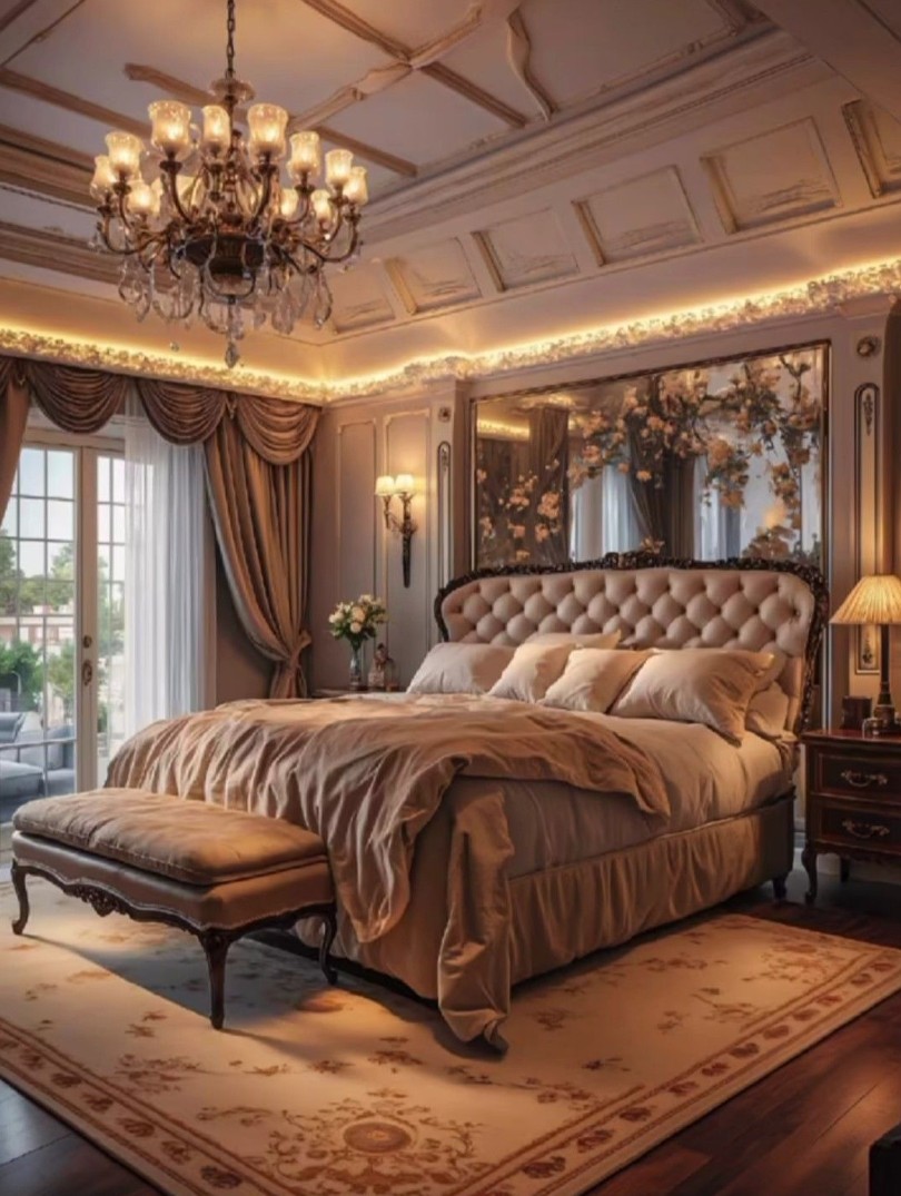 Principal bedroom with a coffered painted ceiling, cove lighting behind the cornice, crystal chandelier and a buttoned headboard