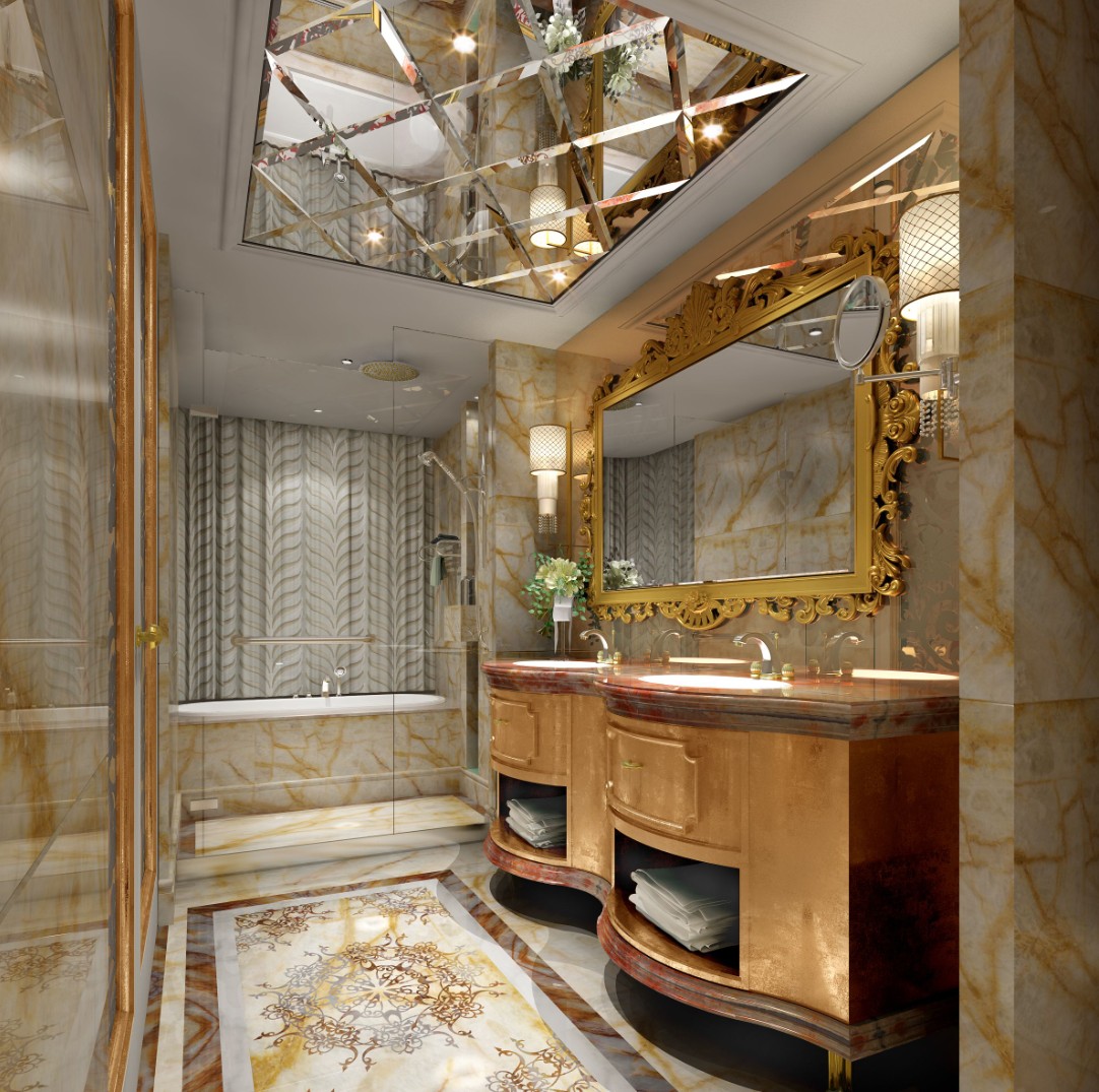 Guest bathroom clad in book matched onyx, with a gilt framed mirror, gold leaf vanity units and a mirrored ceiling panel