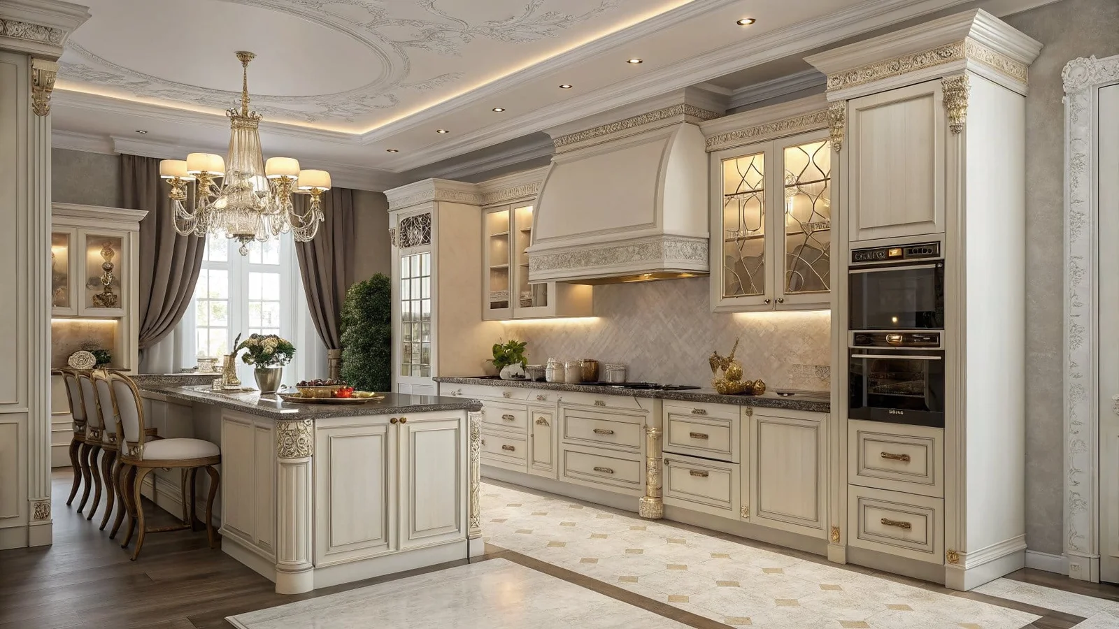 Kitchen in cream and gold classical cabinetry with a granite topped island, integrated ovens and an ornate plaster ceiling